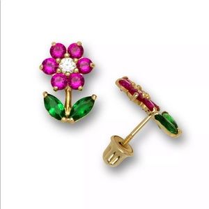 14k Pure Gold CZ Flower Earrings